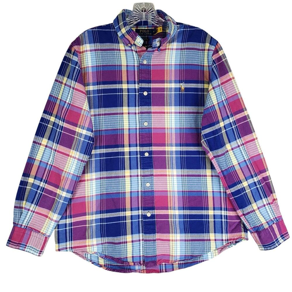 Polo Ralph Lauren Oxford Shirt Mens Medium M LS Button Down Blue Red Plaid - Picture 2 of 10